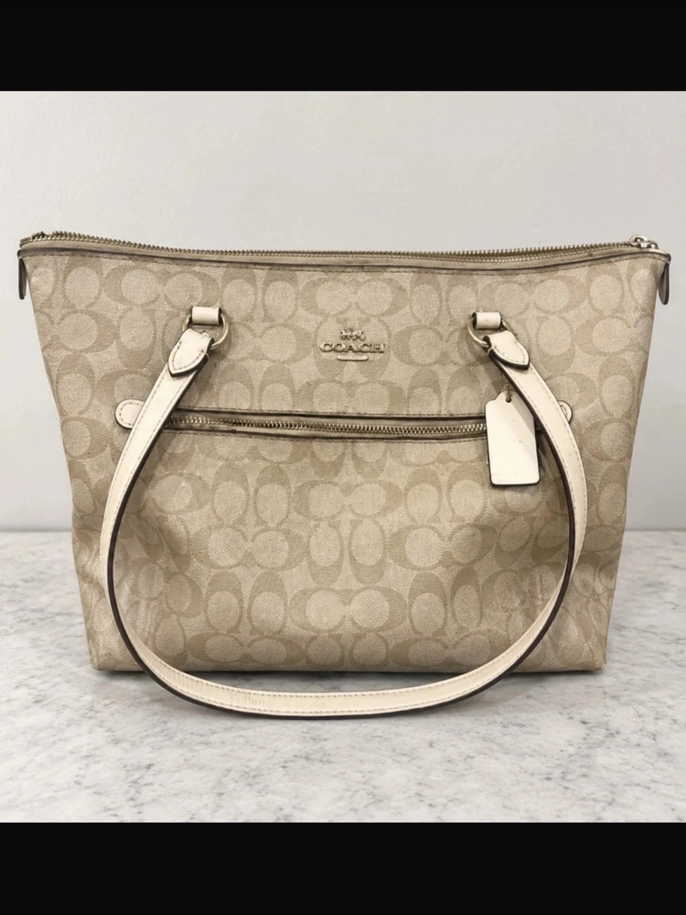 Coach Beige Signature Canvas Tote with Leather Trim